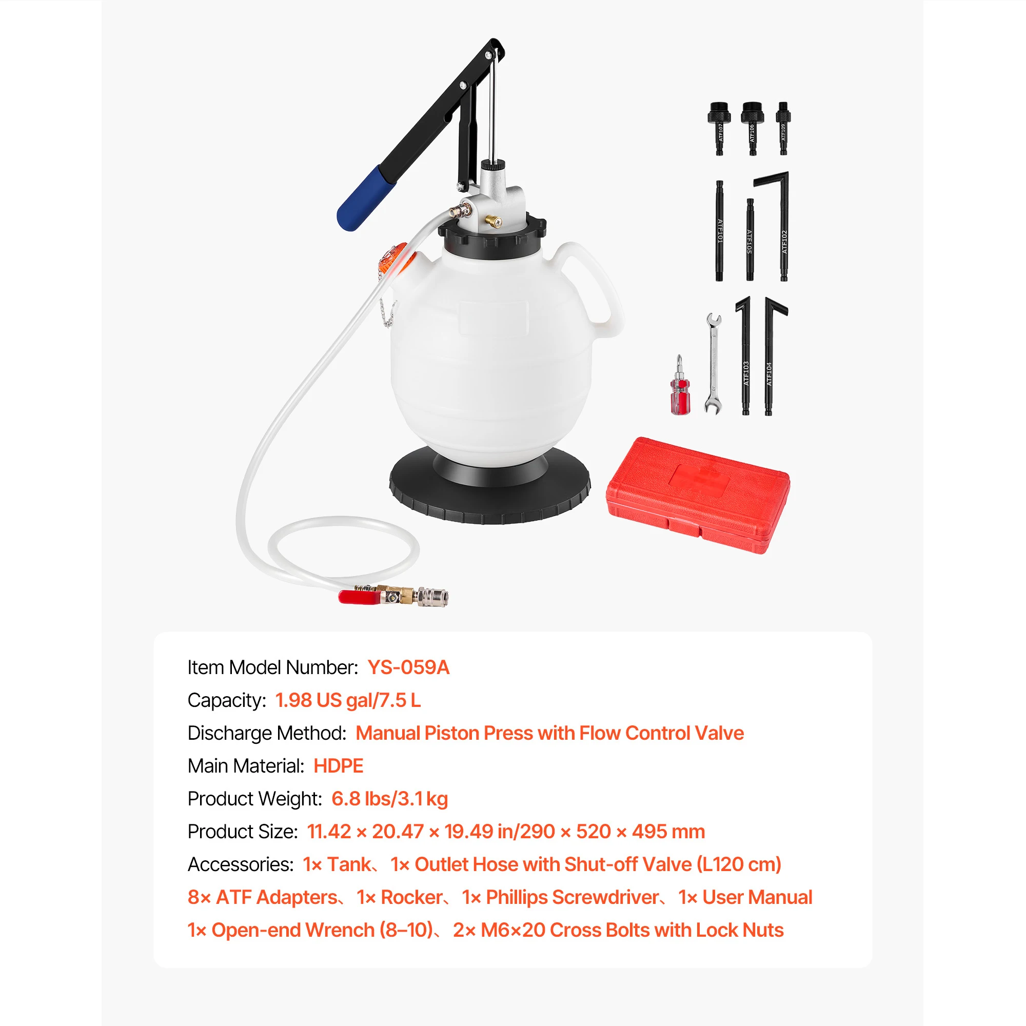 SucceBuy 7,5L Transmissievloeistofpomp Handmatige Vloeistofoverdracht- en Vulpomp met 8 ATF-adapters & 47 inch uitlaatpijp voor oliewisseling