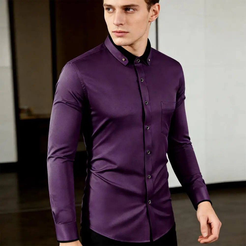 Contrasting Lapel Shirt Men's Long Sleeve Dress Shirt with Rhinestones Slim Fit Button Down Lapel Shirt for Business Formal