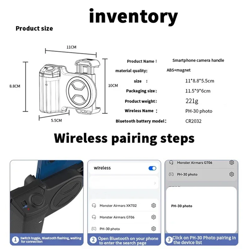 

ABSQ-Smartphone Selfie Grip Mobile Phone Camera Quick-Shot Handle With Detachable Shutter Remote For Iphone 16/15/14 Vlog
