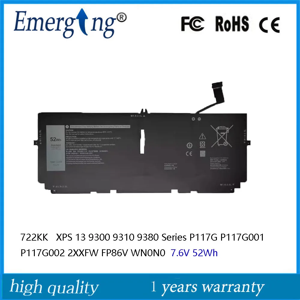 

7.6V 52Wh 722KK Laptop Battery For Dell XPS 13 9300 9310 9380 Series P117G P117G001 P117G002 2XXFW FP86V WN0N0