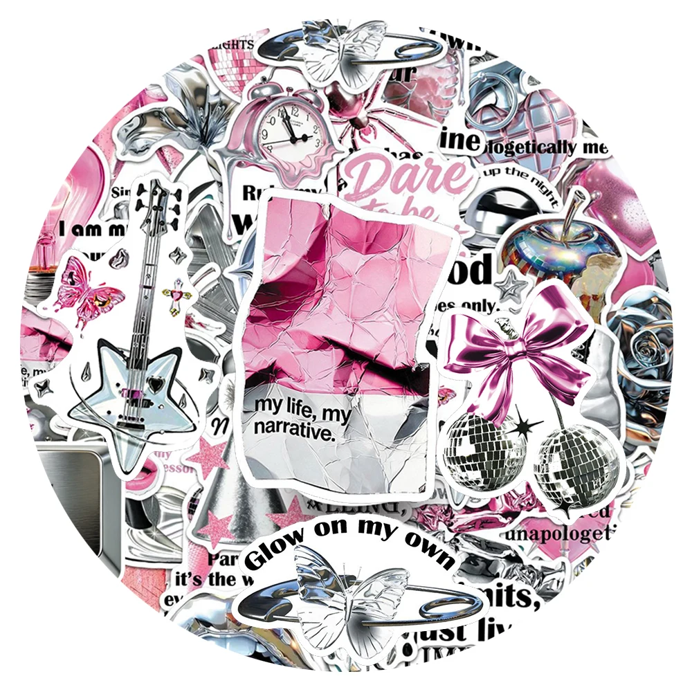 

10/30/50pcs Y2K Silver Pink Art Aesthetic Stickers Cartoon Ins Style Sticker Suitcase Notebook Phone Diary Cool Girl Decals Toy