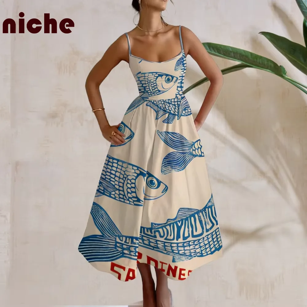 Vintage Chic Ladies Dress Blue Sardine Graphic Printing High Quality Soft Fabric Trendy New 2024 A-Shaped Version Skirt