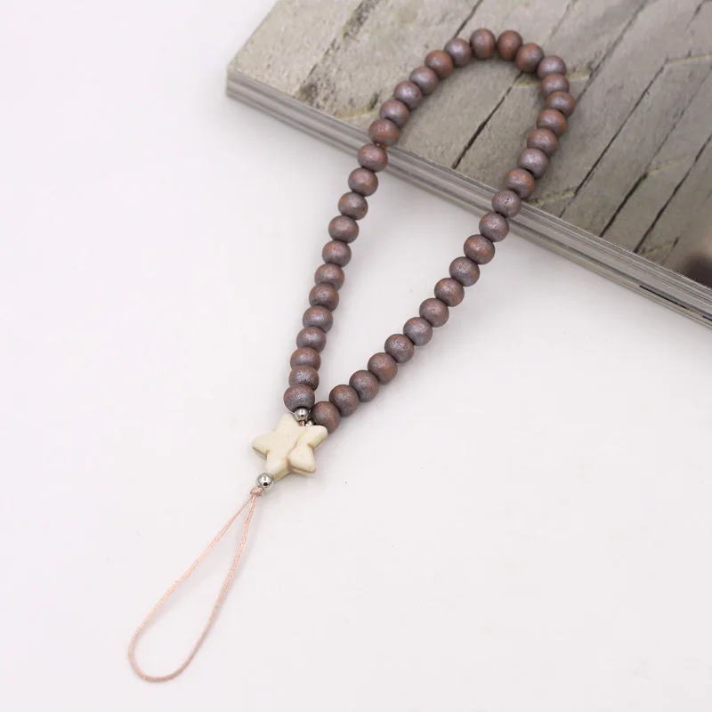 Wood Bead Mobile Phone Chain Trendy Women's Jewelry Gift Multicolor Beaded Star Stone Pendant Charm Lanyard Phone Strap