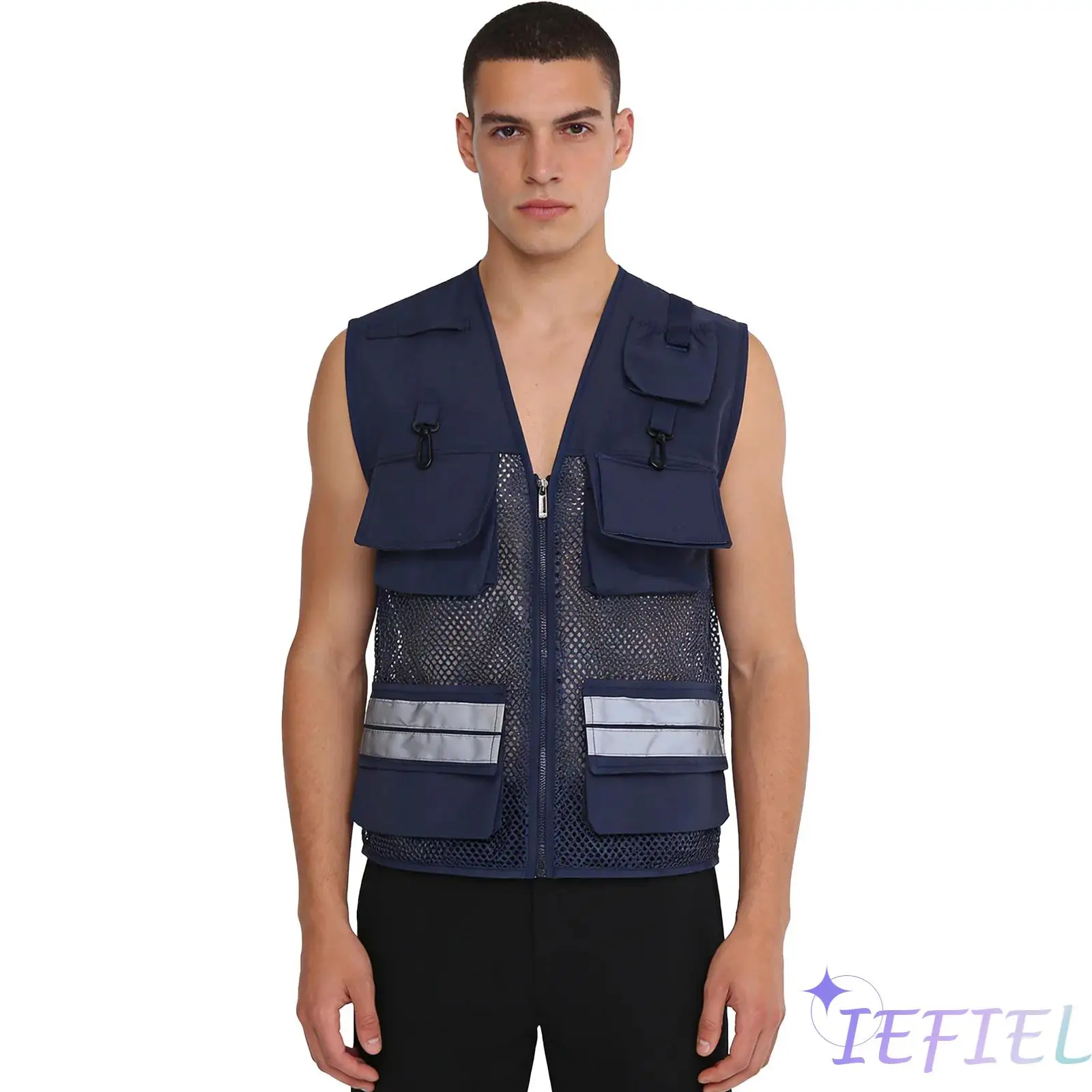 سترة عاكسة للبالغين من الجنسين بتصميم V-neck مع سحاب أمامي وجيوب متعددة، قميص شبكي مسامي بدون أكمام للصيد وركوب الدراجات ليلاً والورشات