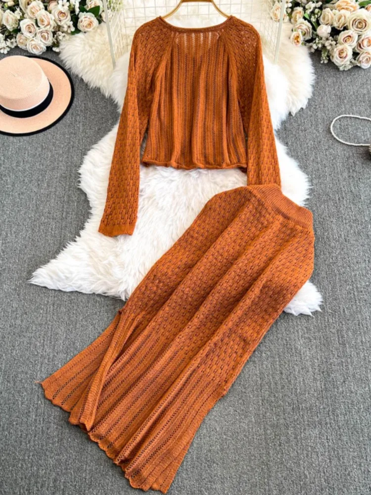 Autumn Women Elegant Casual Knitted Skirt Suit Hollow Out V-Neck Tank Tops Sexy Slim Midi Saya Two Piece Set Female Outfits New