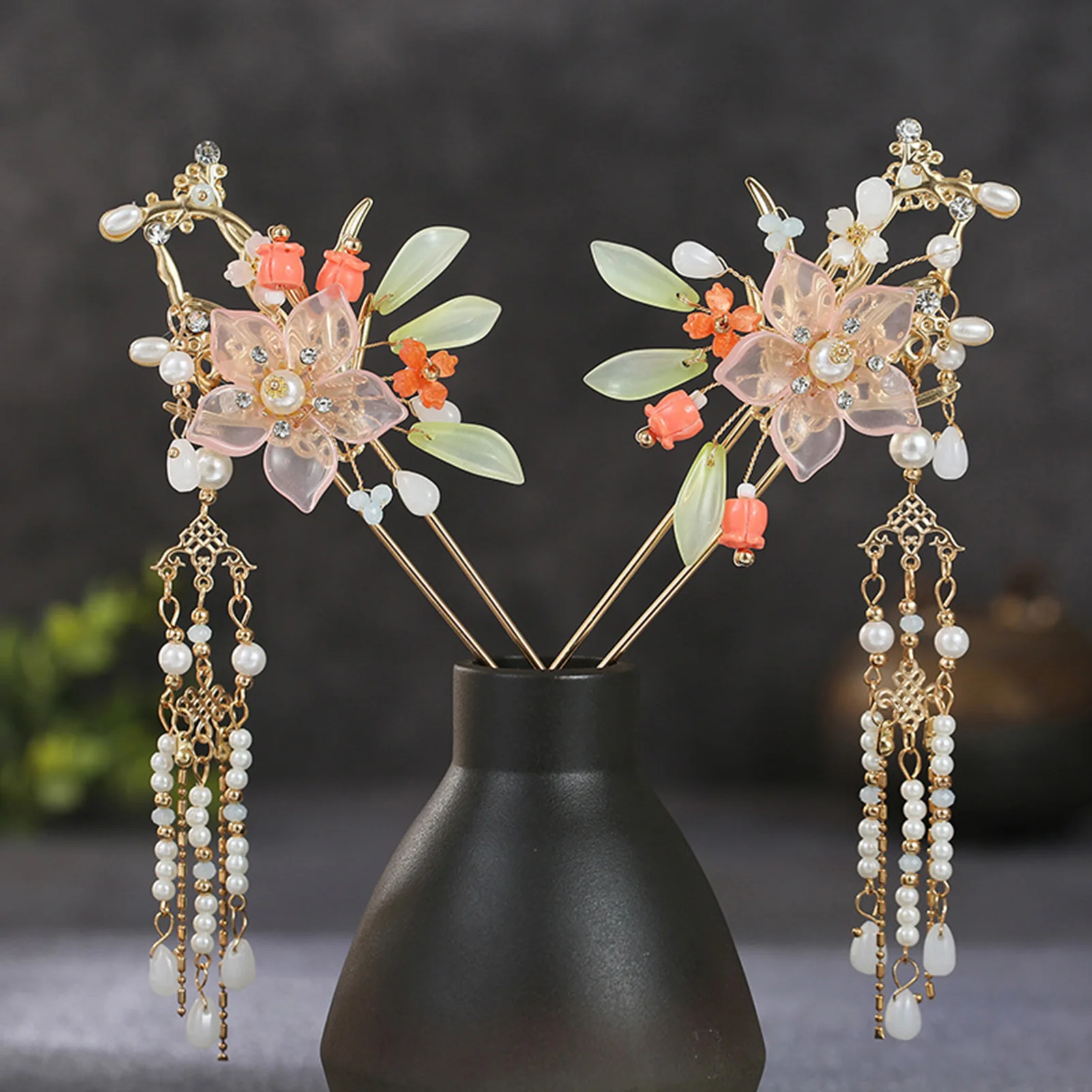 고대 한푸 헤어 액세서리 세트 전통 의상 결혼식 무대 공연을 위한 구슬 장식이 있는 중국 스타일 머리핀