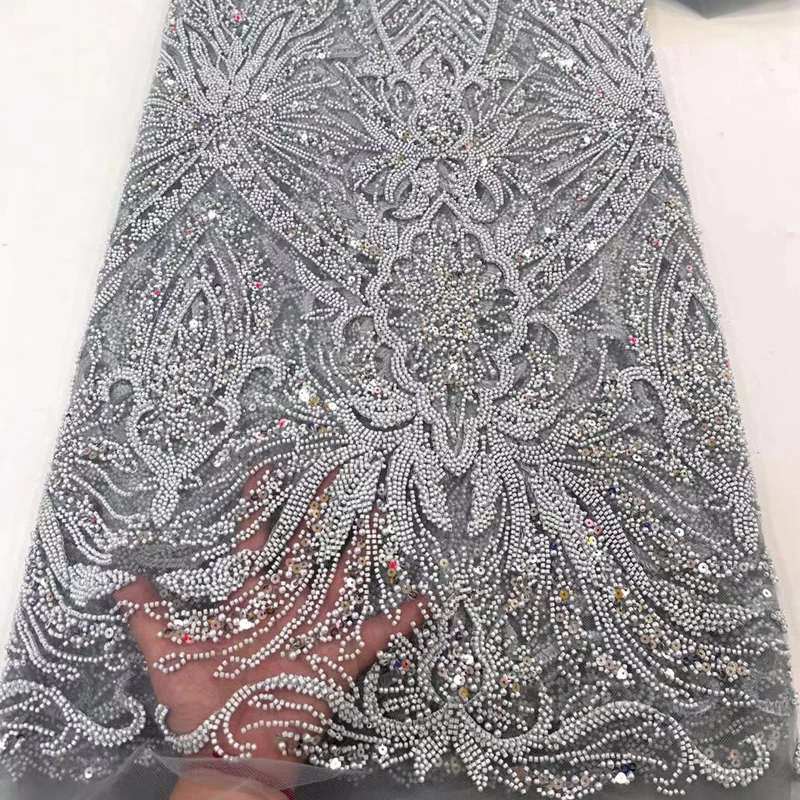 7Colors 122CM Wide Beaded French Wedding Lace Fabric for Sewing European American Court Style Dress Fabric 5Yards Long L020