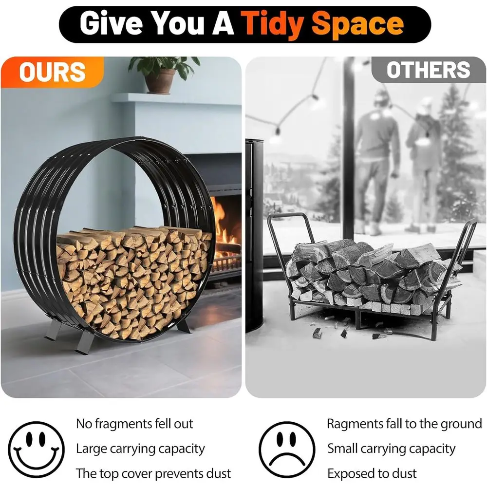 Round Metal Sheet Wood Rack Indoor Outdoor Beside Fire Pit -with Metal Legs, Rustproof, Durable & Stylish Wood Holder (Circle, 4 view 5