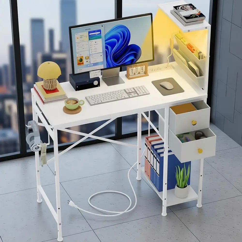 

LED-lit 33.7 Desk with Outlets, Drawers, Storage, Hooks for Home Office or Gaming in White