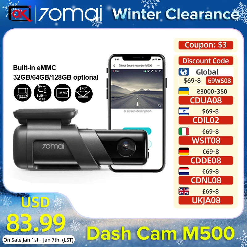 New Dash Cam 70mai M500 1944P 170FOV Car DVR Built-in GPS ADAS 24H Parking Monitor Camera Recorder eMMC built-in Storage