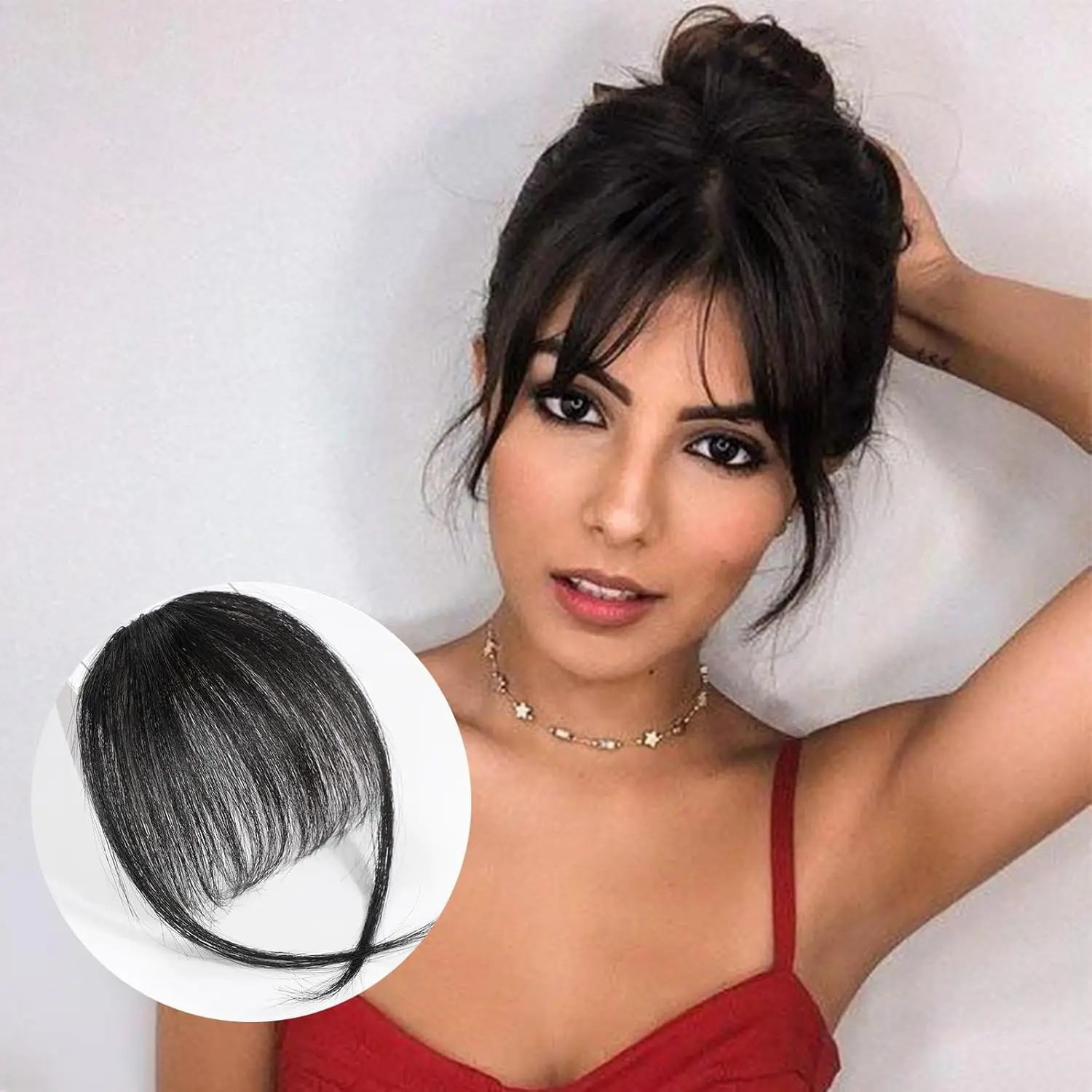 Black 1B# Air Bangs Hair 100% Human Hair Wispy Bangs Hair Clip in Bangs Fringe with Temples Hairpieces for Women Hair Extension