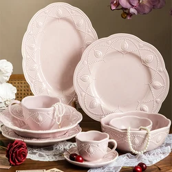 Pink Plate Set Retro Embossed Ceramic Dishes Cup and Saucer Breakfast Milk Mug Soup Plate Kitchen Tableware Housewarming Gift