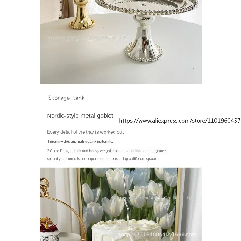 Fashion Silver Metal Cake Stand Dessert PlateS with Beads Decor Desktop Storage Tray for Wedding Decoration
