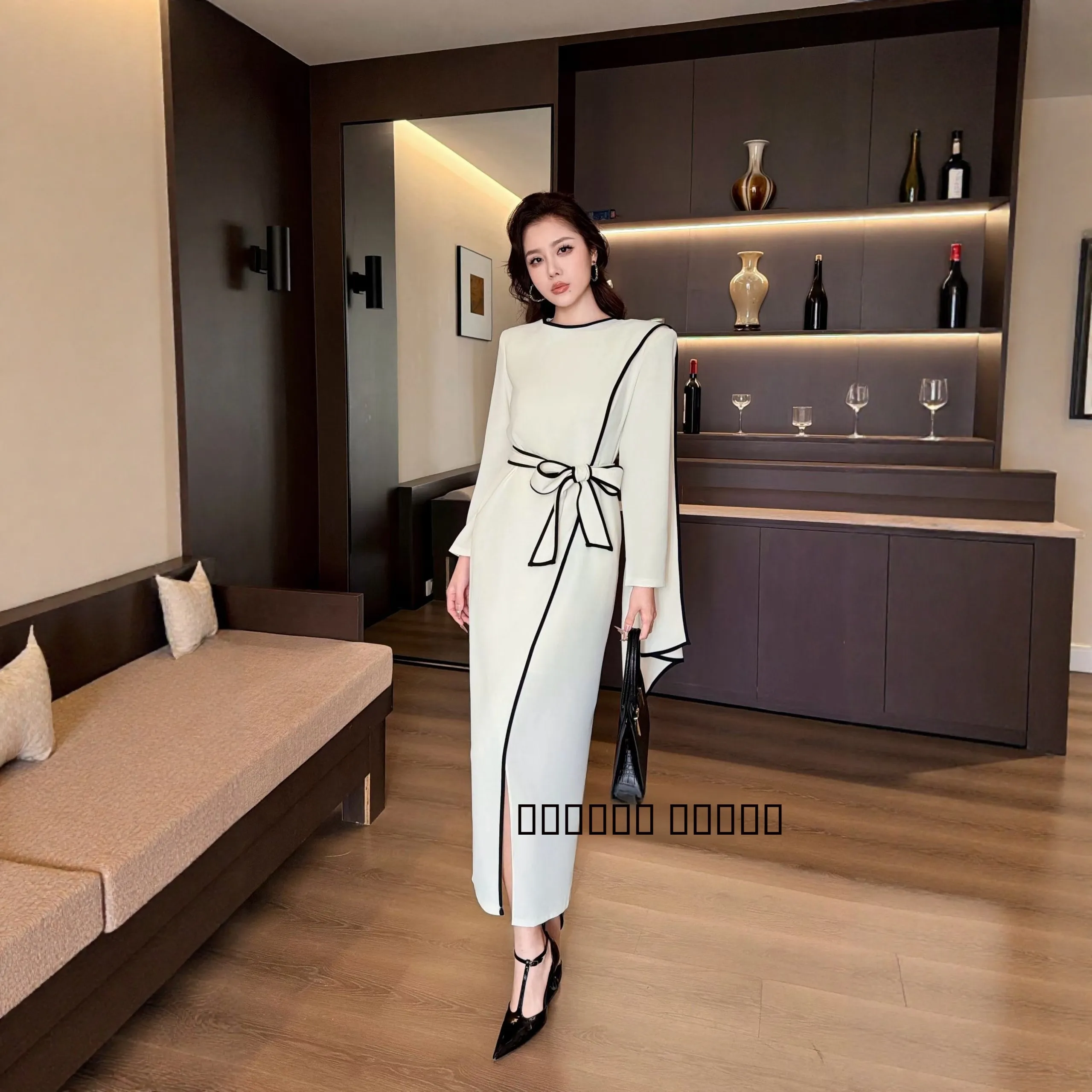 

Ele Spring New Sle Little Fraance Wind Design Slimming Long Dr Color Blo Waist Cinching H Version Polyester Fiber