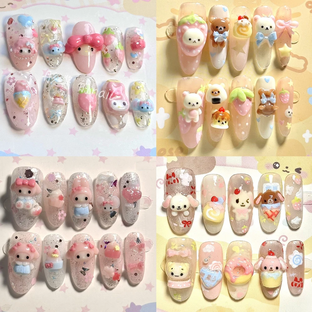 

3D Kawaii Rilakkuma Hellokitty My Melody Hamdemade Press On Nails Cartoon Bowknot Strawberries Donut False Nail Party Gift
