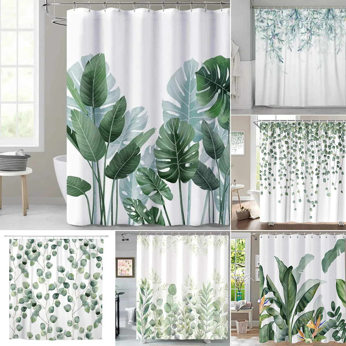 Cortinas de ducha sin olor para baño, decoración con ganchos, hojas verdes tropicales, planta sobre fondo blanco