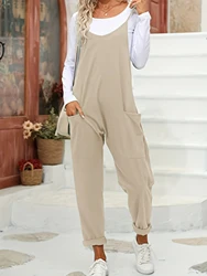 Womens Casual Sleeveless Jumpsuits Spaghetti Strap Loose Romper Long Pants with Pockets