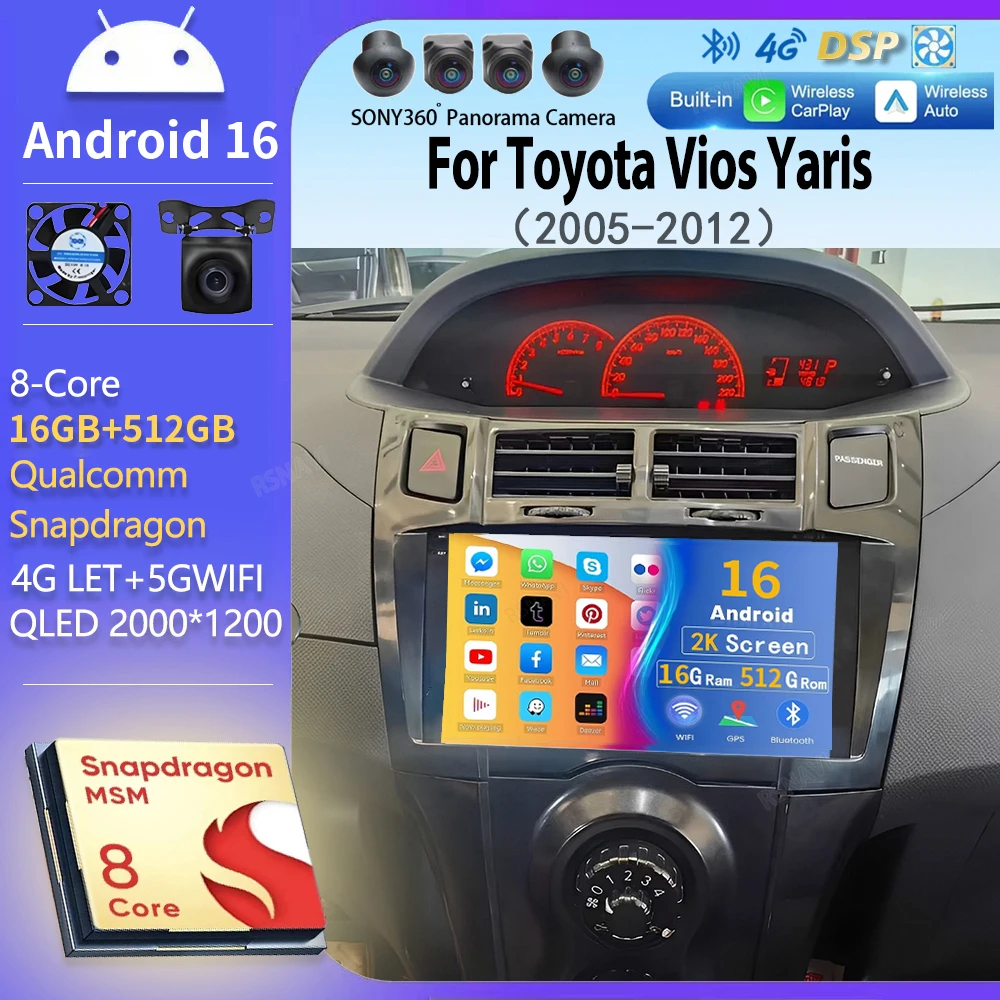 Android 16 Car Radio For Toyota Vios Yaris 2005- 2012 Car Radio Stereo Multimedia Player Video GPS Navigation BT DVD DSP Carplay