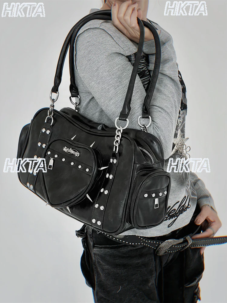 

Винтажные рюкзаки 2025, осень-зима, новые популярные рюкзаки для девочек с заклепками Love Bag для женщин, темные панк-готические Y2k, большие вместительные черные сумки из искусственной кожи