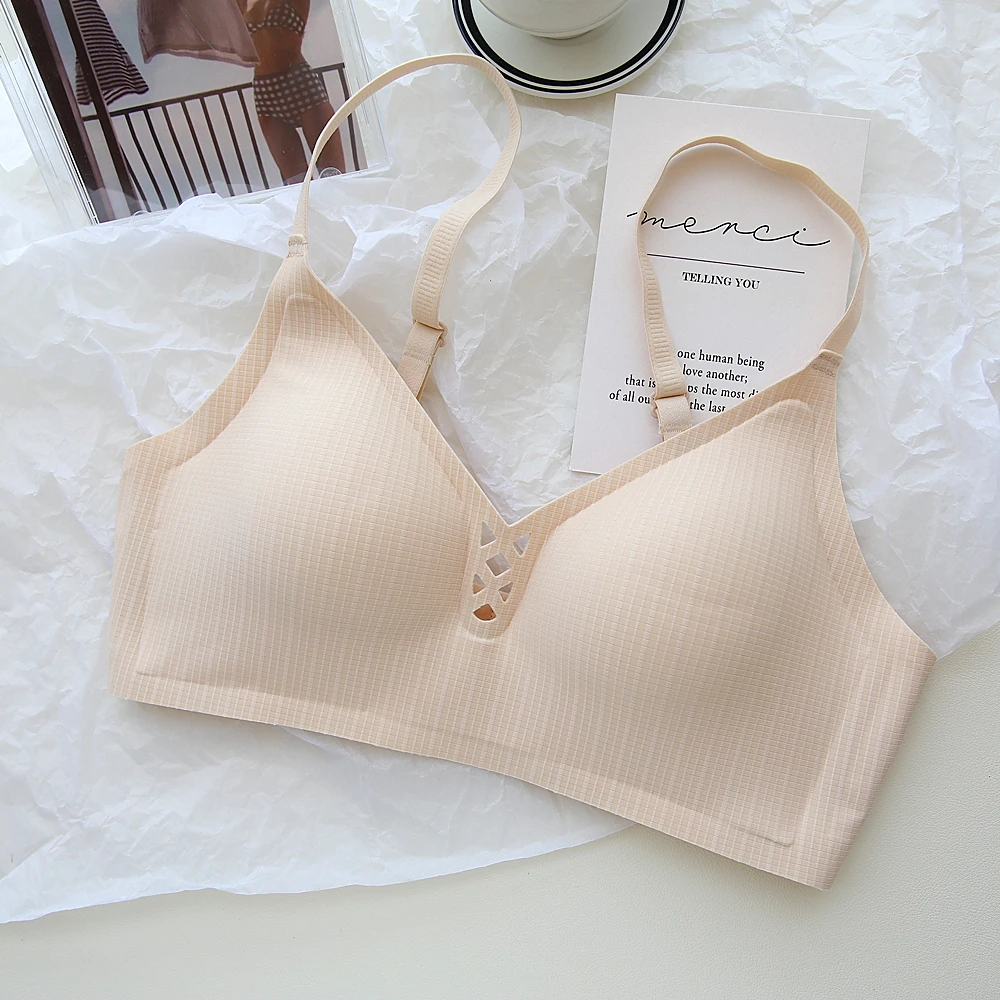 

Solid color comfortable non-marking underwear small hollow sexy fixed cup pads without steel ring lingerie one-piece bra