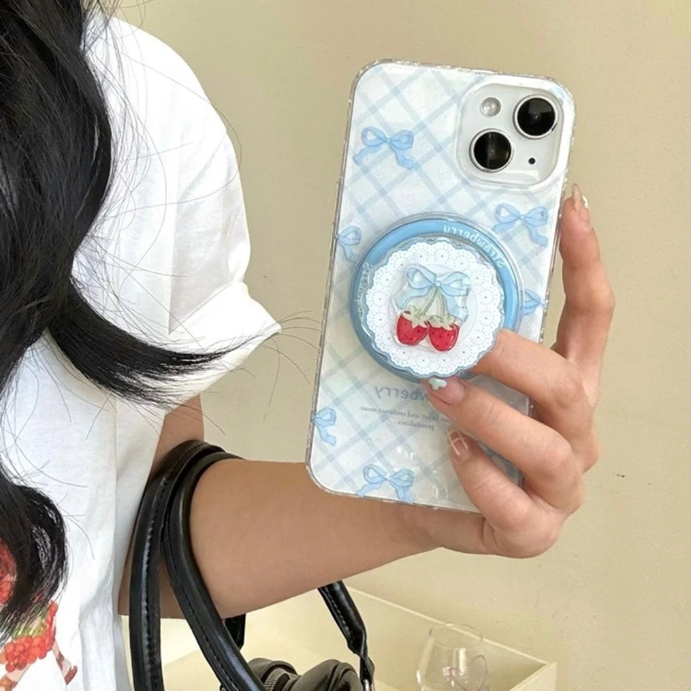 Милый мультяшный бант с клубникой для Magsafe Griptok, держатель для телефона, подставка для кольца на палец, поддержка iPhone 16, универсальные аксессуары