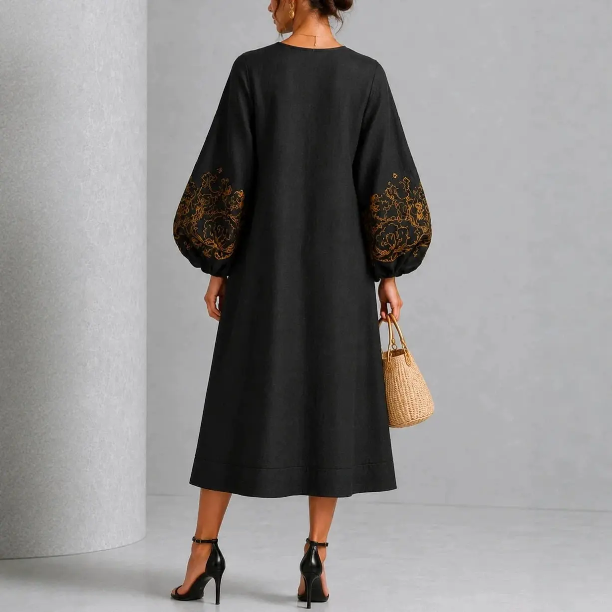 Elegant Women Linen Midi Dress O Neck Golden Floral Pattern Lantern Sleeve Button Loose Straight Long Dress Modest Party Dresses