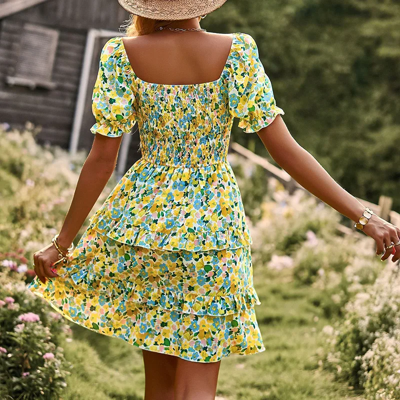 Elegant Floral Women's Summer Ruffle Mini Dress Sexy Short Sleeve Backless Flowy Boho Sundress For Beach Holiday Dresses Vestido