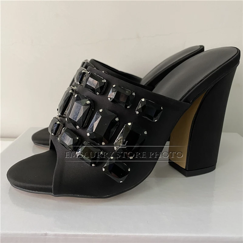 Quality Rhinestone Diamond Decor Summer Mules Luxury Satin Chunky Heel Slingbacks Outwear Sandals Women 2024