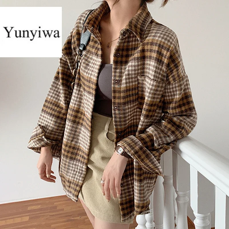 Winter Women Vintage Oversize Woolen Plaid Shirt Pockets Batwing Sleeve Turn-Down Collar Thick Blouse Autumn Casual Warm Outwear