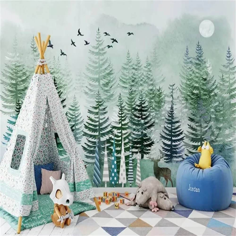 custom Bathroom Furniture Wallpaper for Children's Bedroom Background Retro Forest Elk Family Wall paper home Decor wall panels
