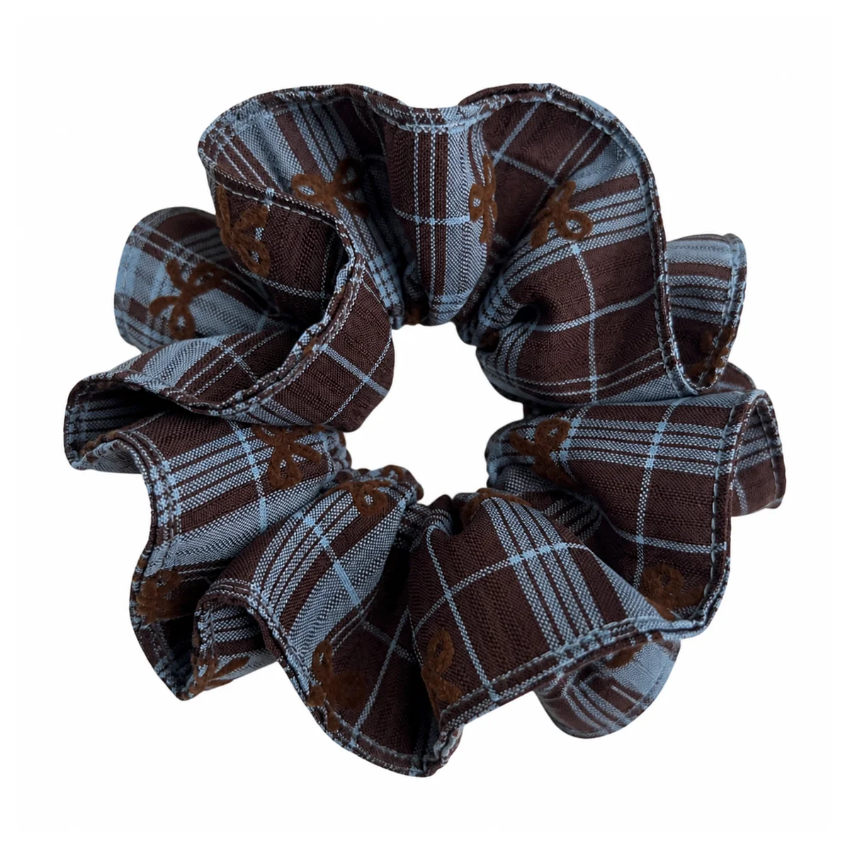 dusty-blue-chocolate-brown-plaid-raised-butterfly-wide-single-layer-hair-scrunchie