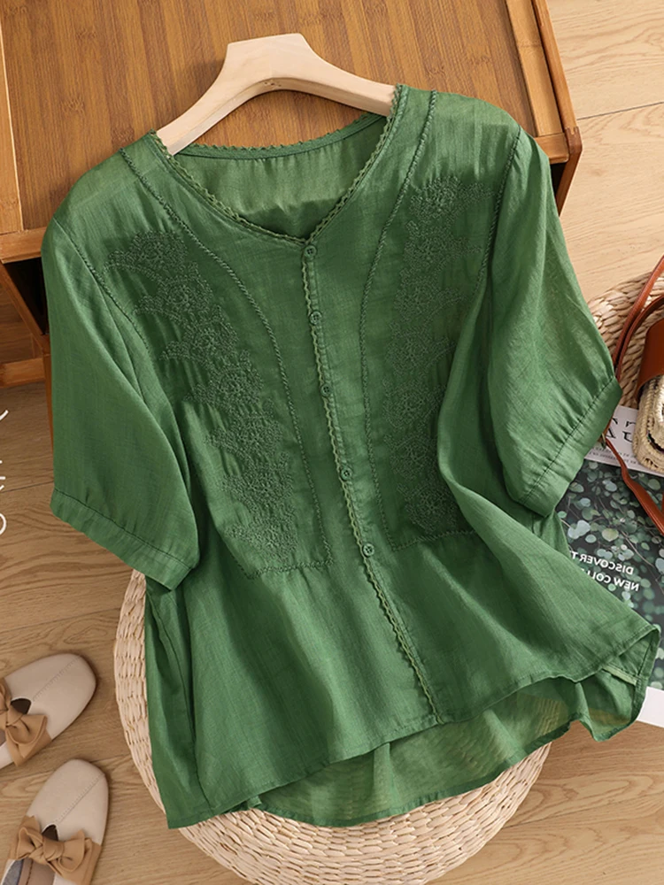예술적인 버튼 장식 코튼 린넨 오르트 스웨이드 브이넥 불규칙한 밑단 순색 탑 여름 플러스 사이즈 여성용 셔츠