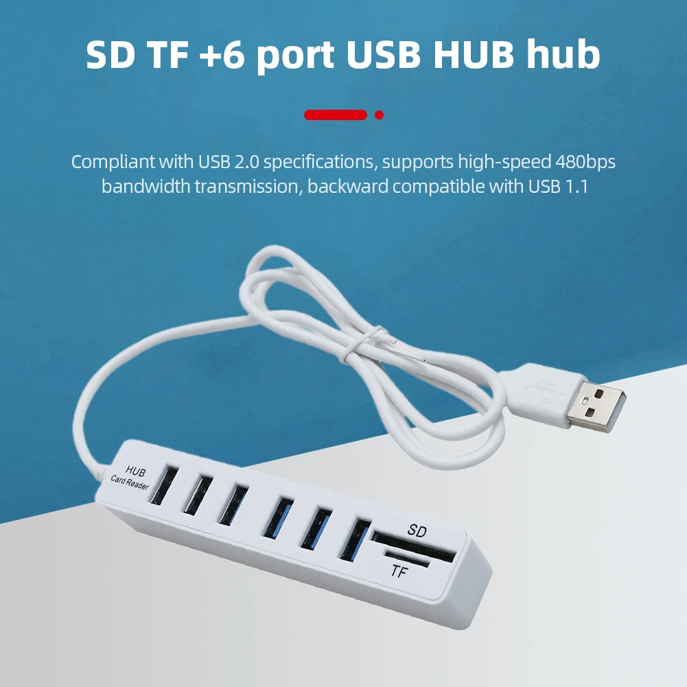 Extension Hub High Speed Transmission USB 6 Port Memory TF Hub Multi Splitter Port Plug and Play USB 2.0 for Mobile Hard Drive