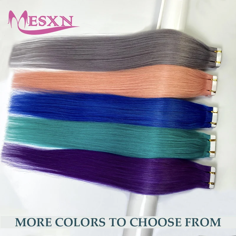 MESXN Color  Tape In Hair Extensions Natural Real Human  Hair Extensions  Color Purple Blue Pink Gray 18-20inch 2g/piece