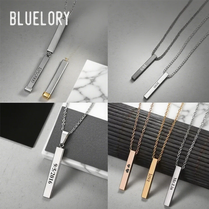 

Bluelory Smooth Square Carving Necklace For Men Women Stainless Steel Engraved Name Necklaces Party Jewelry Gift Wholesale