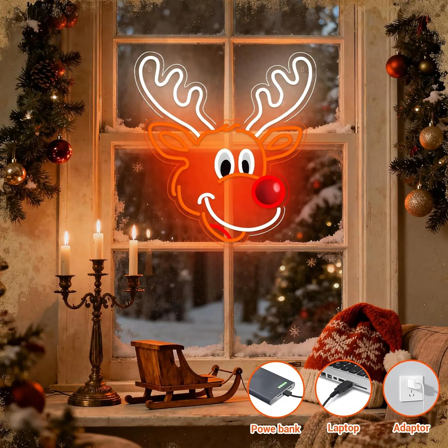 Cute Christmas Reindeer Neon Sign with Red Nose LED Light for Xmas Home Party Decor Warm Orange Glow Festive Wall Art Gift Idea
