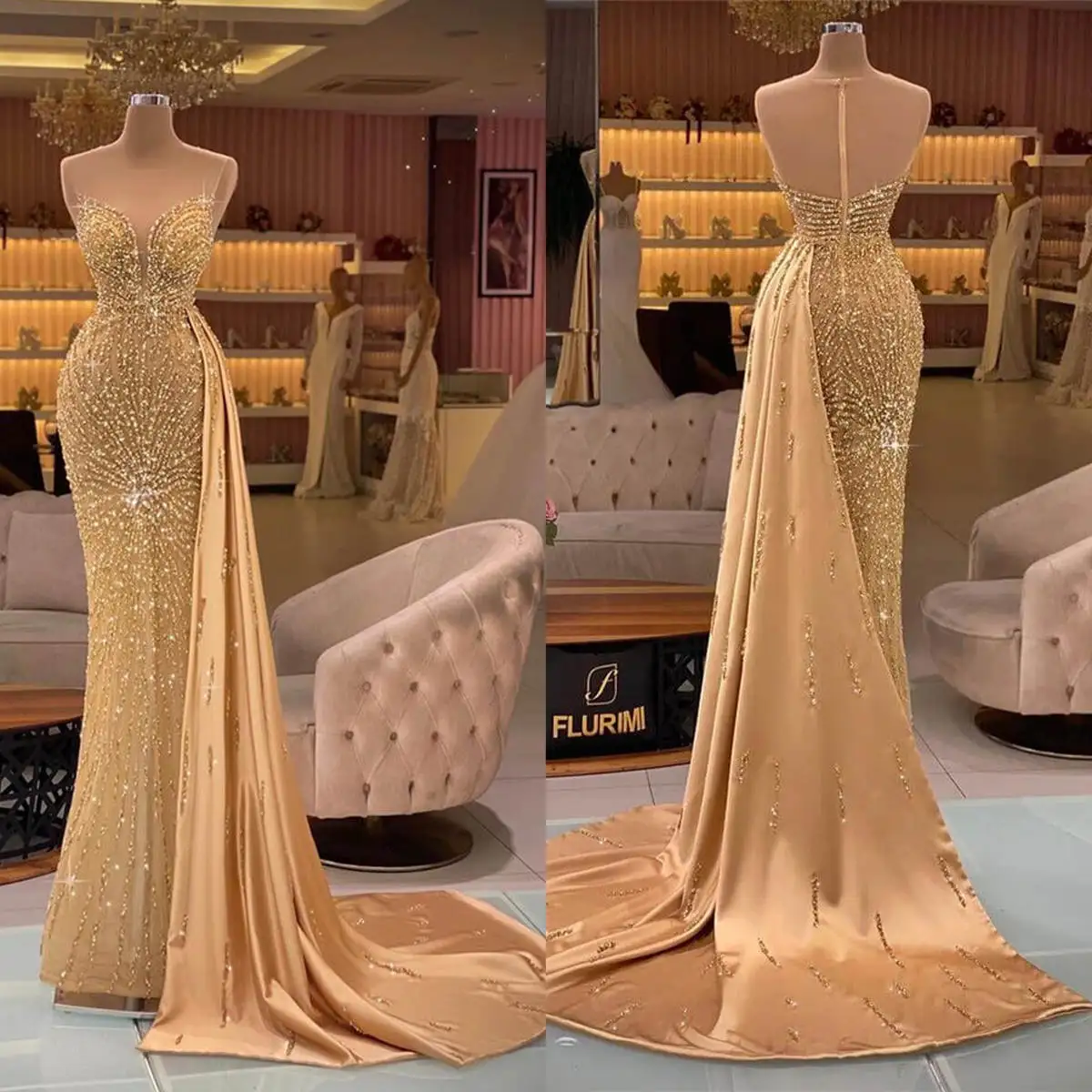 Stunning Beaded Mermaid Prom Dress Illusion Sheer Neck Full Beading Evening Dresses Birthday Party Guest Gowns