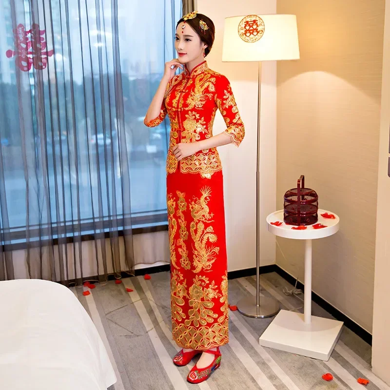 Traditional Chinese Bride Wedding Party Toast Qipao Dresses Bling Embroidery Dragon Phoenix Cheongsam Marry Dress Satin Skirt