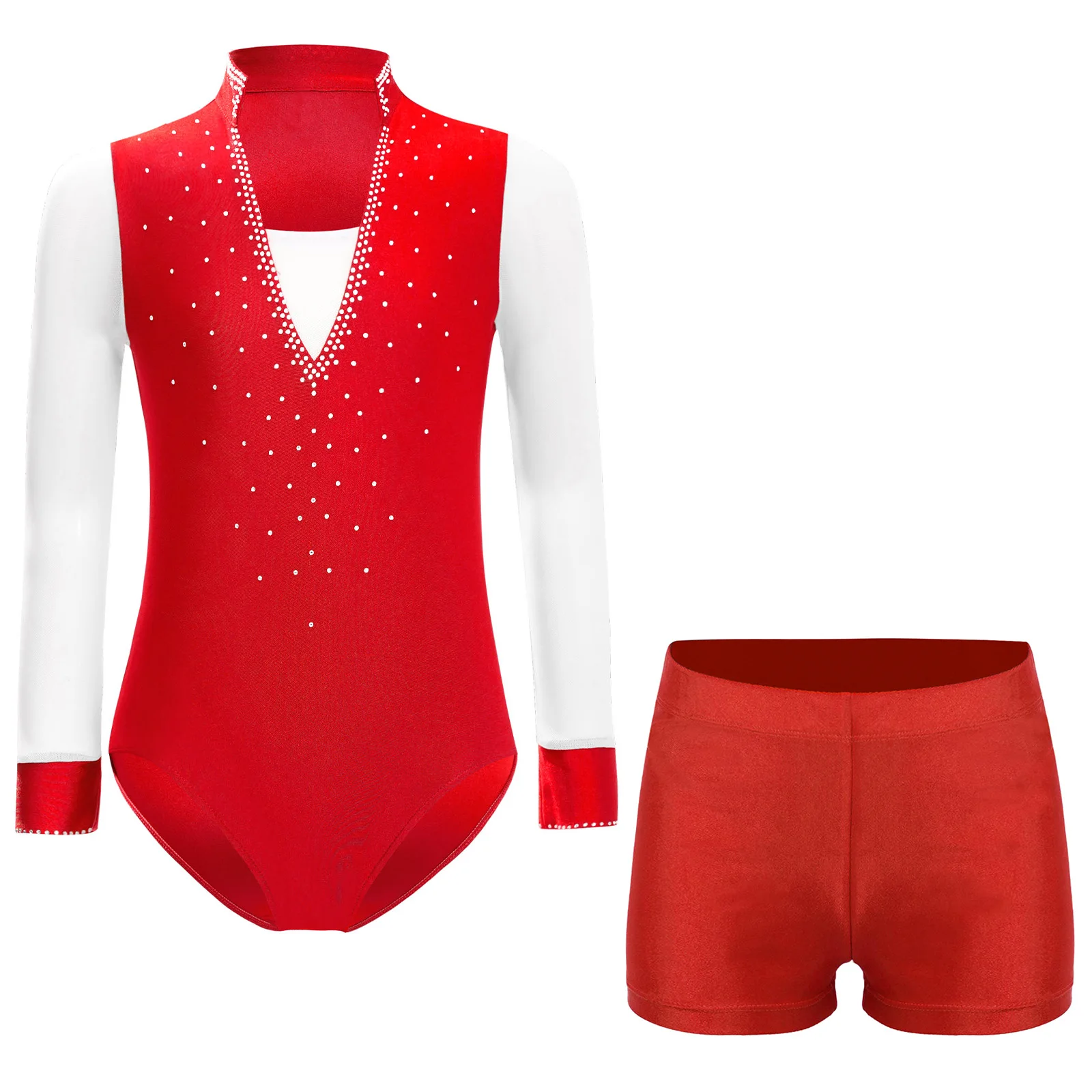 Tenue de danse de patinage artistique pour enfants garçons, Costumes de danse Jazz latine, maille transparente, manches longues, strass brillants, justaucorps + short