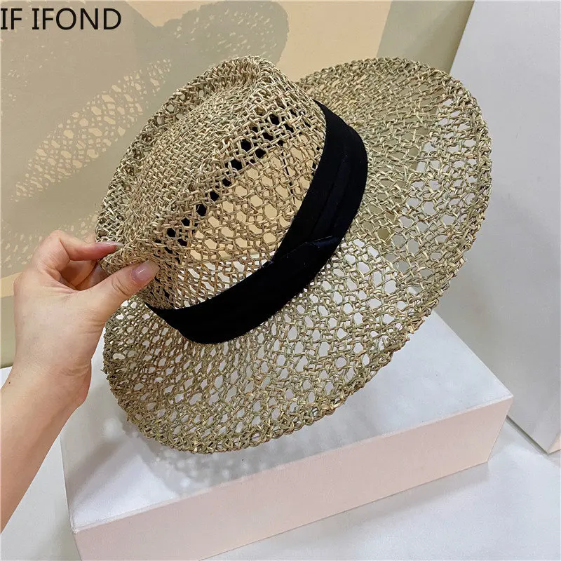 New Natural Grasses Straw Hats For Women Summer Flat Brim Beach Sun Hats Fashion Hollow Holiday Cap Chapeau Femme