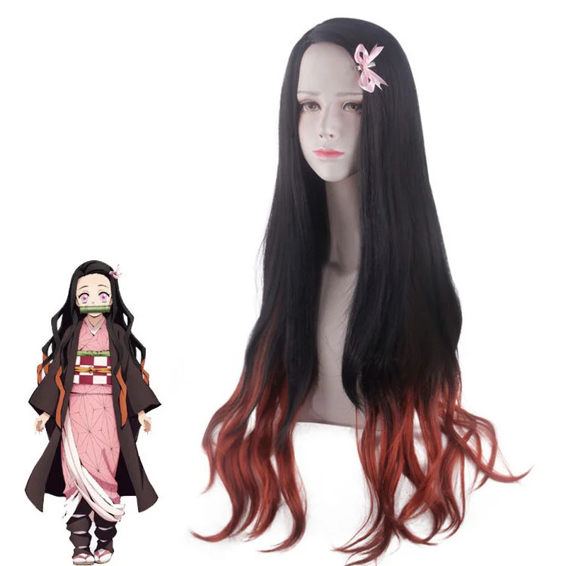 Demon Slayer Cosplay Wig, Nezuko Kamado, Gradient Long Hair Accessories, Heat Resistant, Synthetic Wig, 100cm