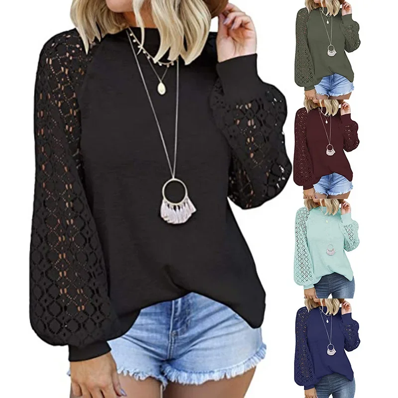 

Women's Long Sleeve Tops Lace Casual Loose Blouses T Shirts (Black, Large)