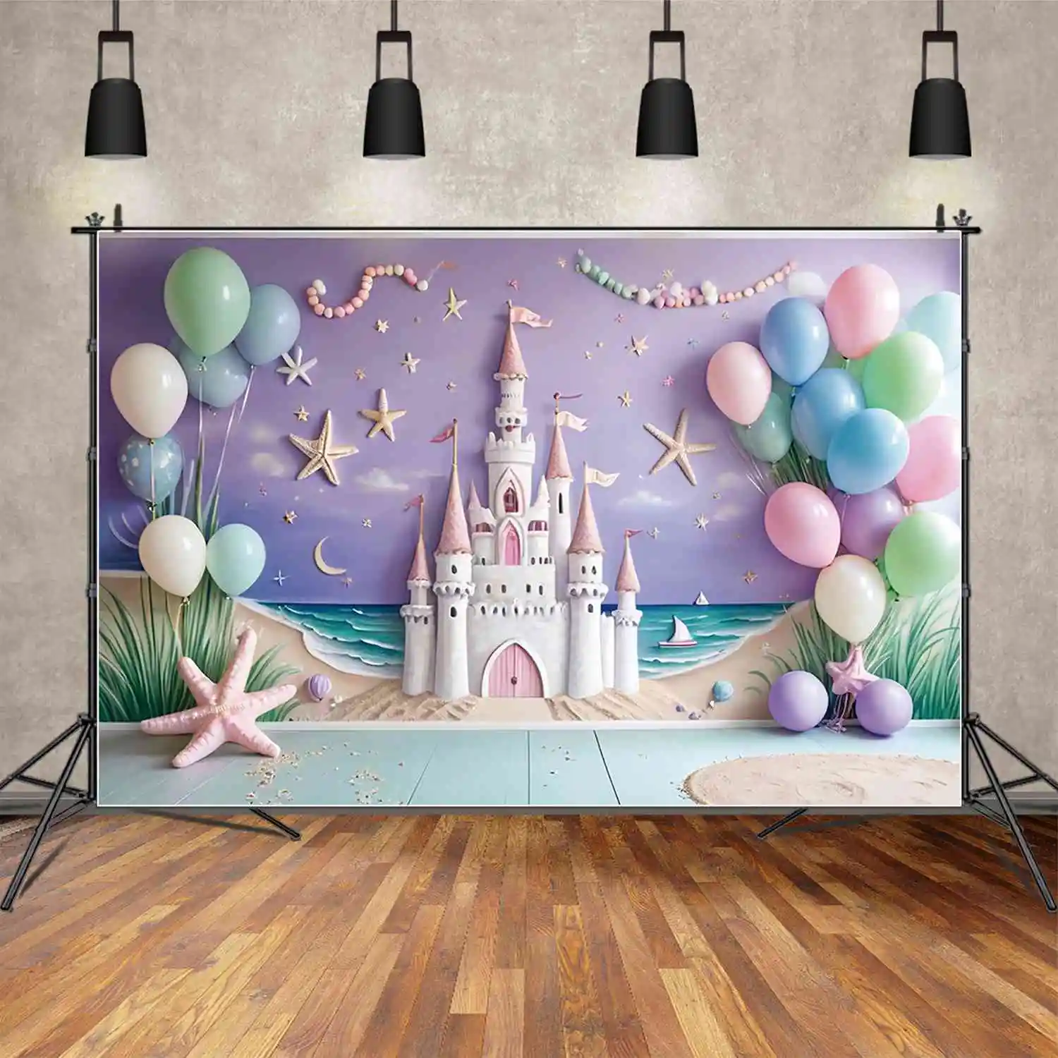 

MOON.QG Candy Beach One Birthday Backgrounds Girls Summer Fairy Castle Wall Backdrops Custom Party Decoration Photocall Props