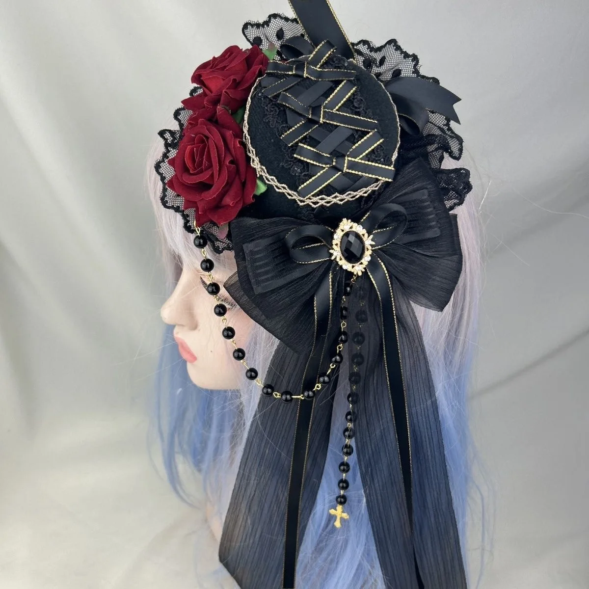 

Black Ribbon Bow Hairclips Small Hat with Hairpins Rose Flower Tassel Lolita Lace Headband Sweet Anime Maid Cosplay Headdress
