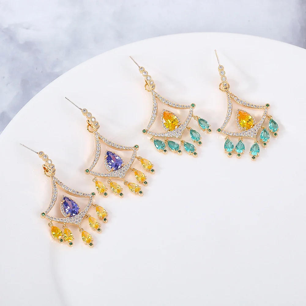 

Luxury Fan Shape Multicolor Gemstone Drop Earrings for Women, Gold Plated Zircon Dangle Earrings, Vintage Party Jewelry
