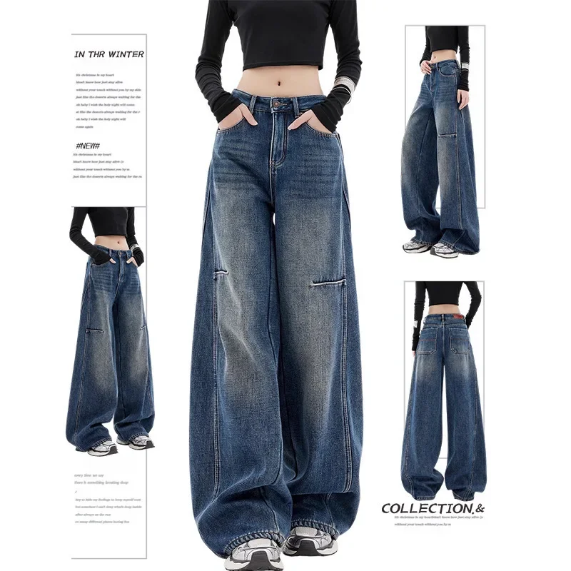 Retro 2026 New Style American Blue Curved Knife Jeans Women Summer Loose Floor-Length Wide Leg Pants High Waist Denim