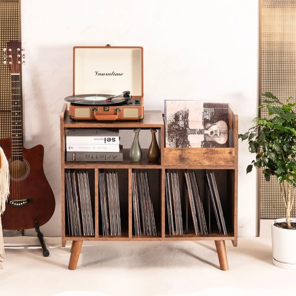 حامل مشغل التسجيل، خزانة طاولة كبيرة لمشغل التسجيلات مع مساحة تخزين من الفينيل المفتوح ورف عرض يحمل ما يصل إلى 350 ألبومًا، متوسطة السن