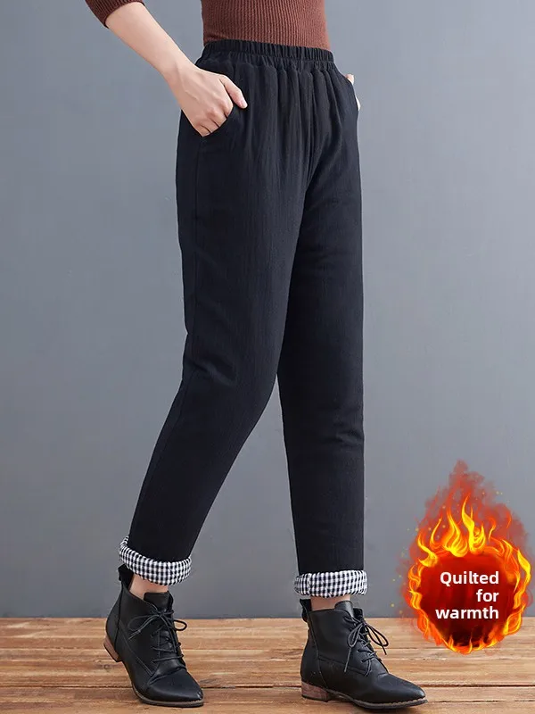 

Новые брюки для похудения из хлопка и льна с прямыми штанинами и высокой талией, осенне-зимние теплые повседневные брюки для женщин больших размеров