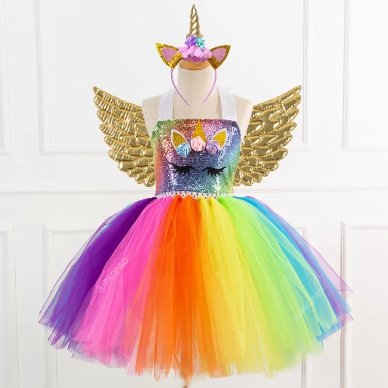 Abito unicorno con paillettes per ragazze 2-12 anni abiti da festa di compleanno arcobaleno principessa Tutu costumi vestito per Halloween natale