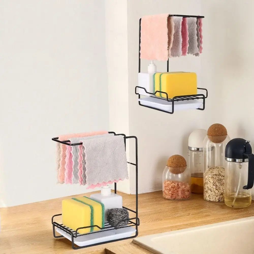 

Iron Dishcloth Storage Rack Black/White Wall Mounted Sponge Drainage Rack Space-Saving with Removable Drip Tray